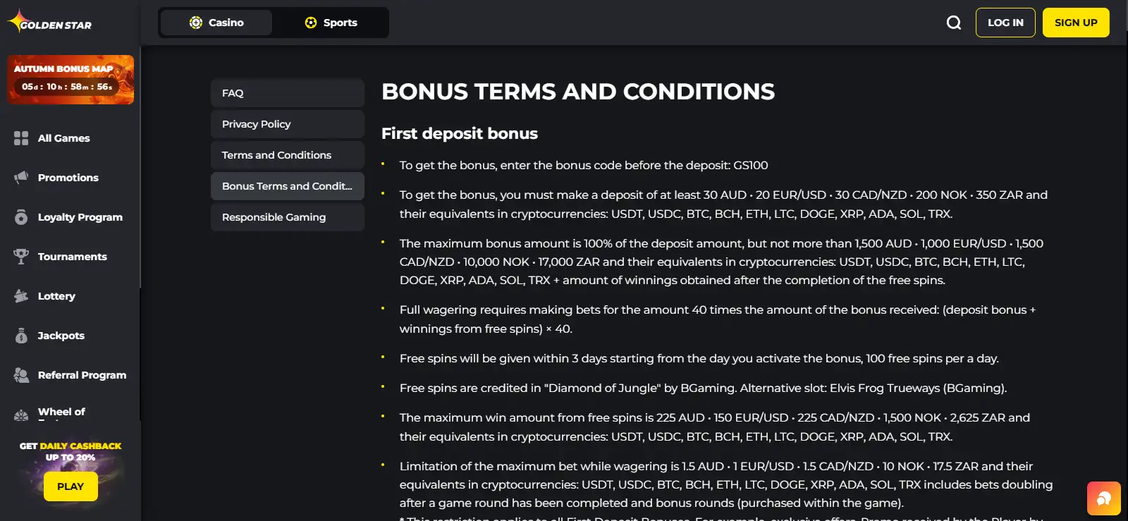 Golden Star Casino bonus terms page showing current promotion conditions