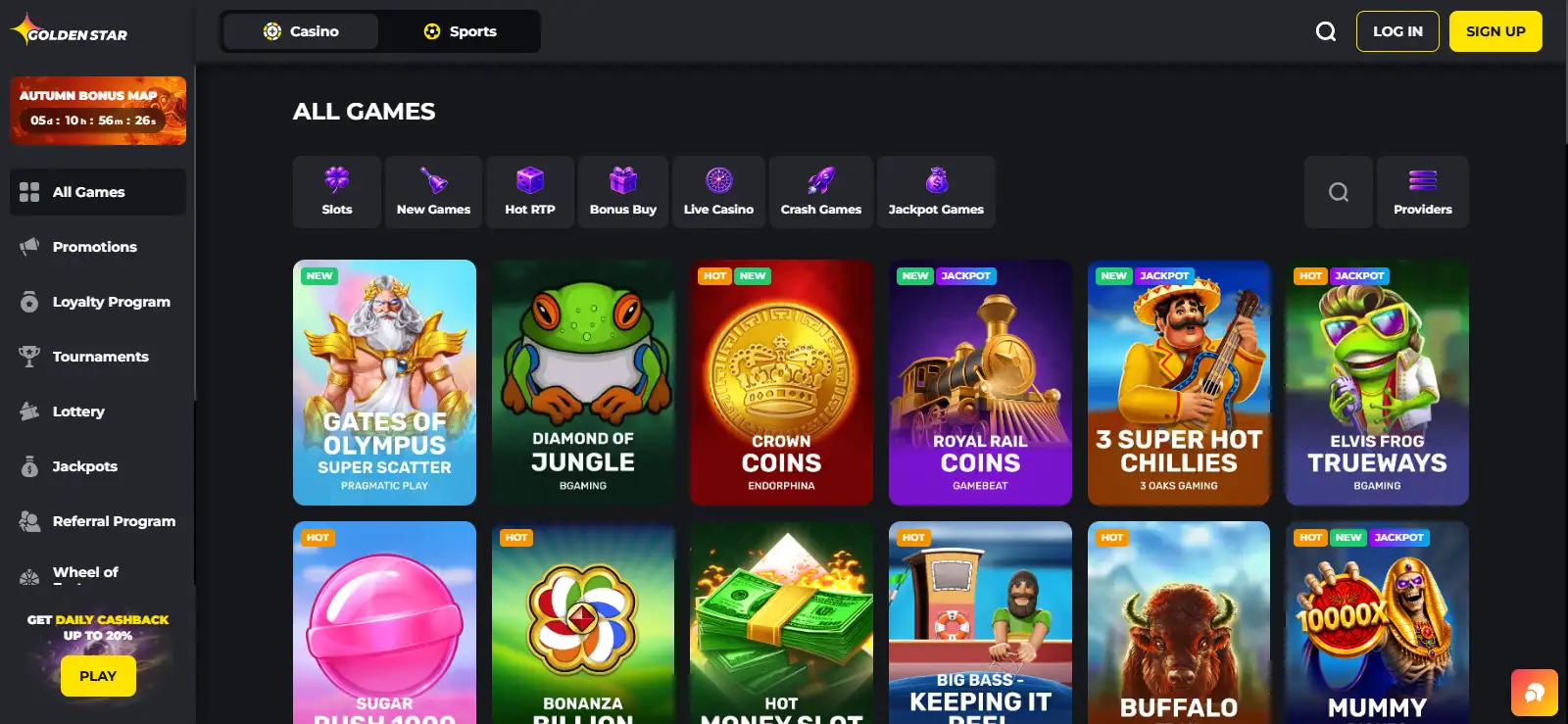 Golden Star Casino games lobby showing category navigation