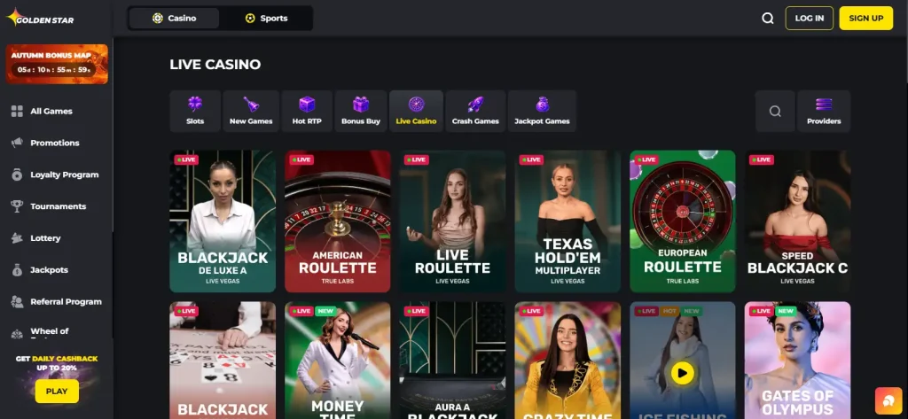Golden Star live casino lobby with dealer table games