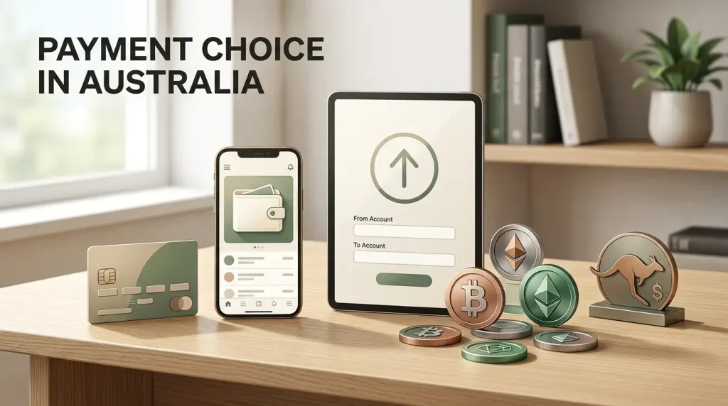 Illustration of AUD casino payment options including cards, mobile wallet and cryptocurrency