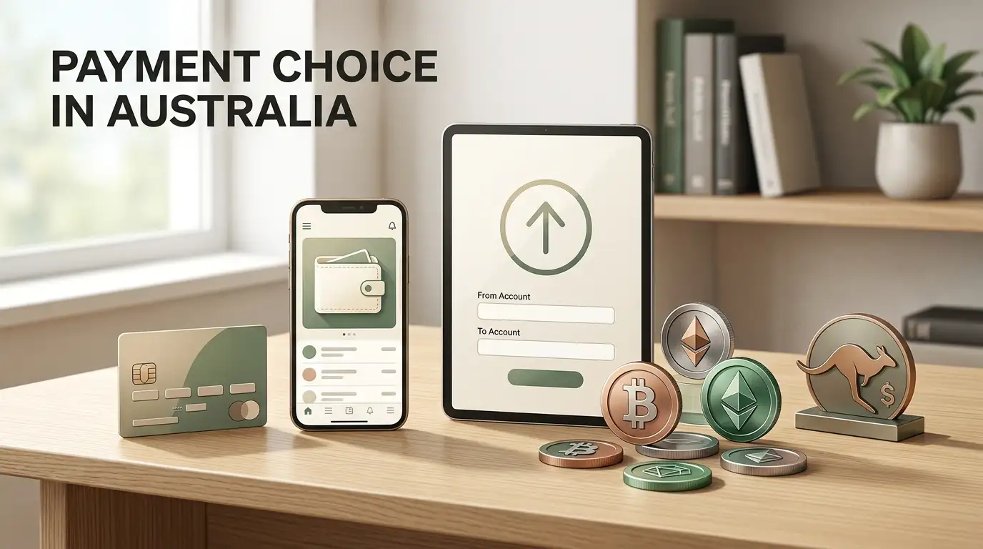 Illustration of AUD casino payment options including cards, mobile wallet and cryptocurrency