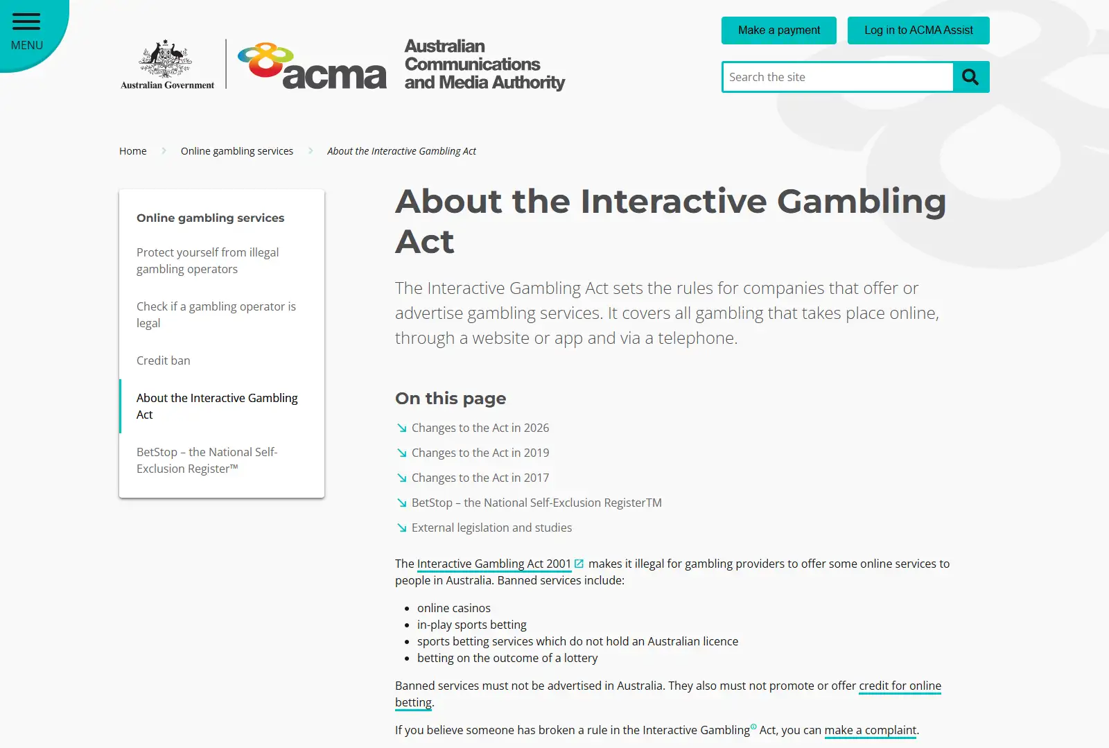ACMA information about prohibited online casino services in Australia