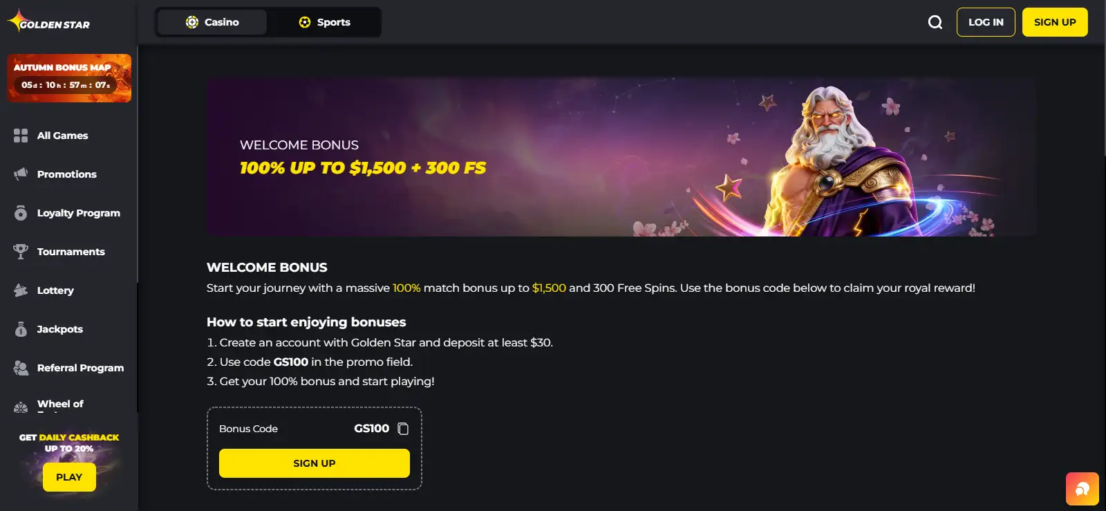 Golden Star Casino first-deposit bonus terms with AUD values and GS100 code