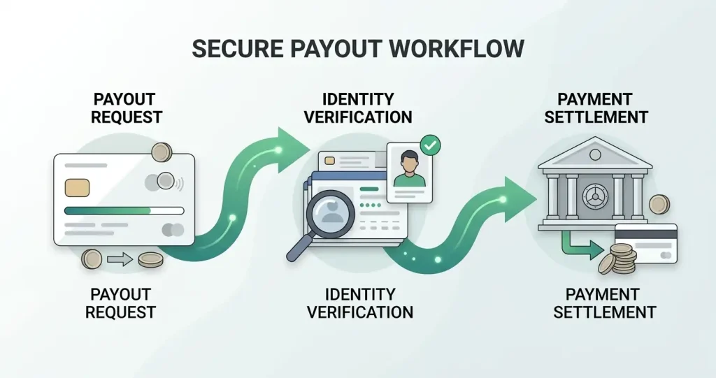 Illustration of a casino withdrawal moving through request, identity check and payment settlement stages