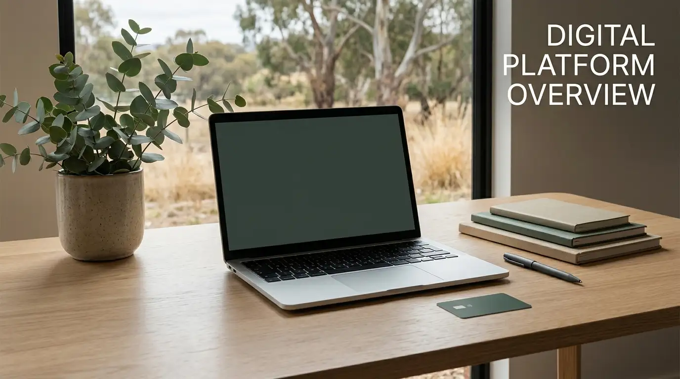 Editorial illustration of an Australian casino review on a laptop with neutral AUD context
