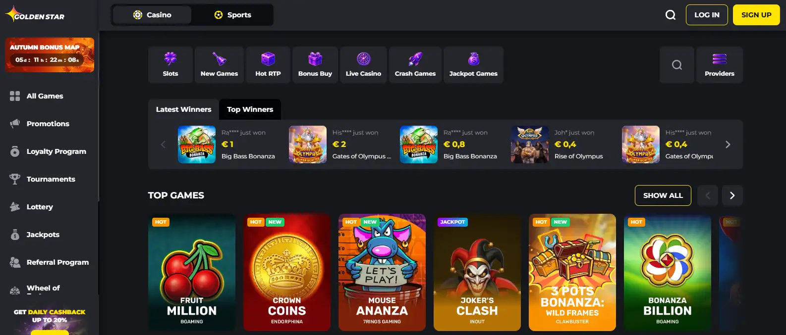 Screenshot reference for the Golden Star Casino homepage or games lobby