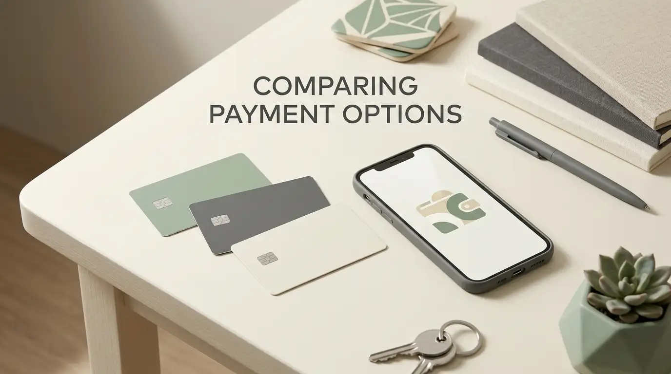 Neutral editorial illustration of Australian digital payments with cards, mobile wallet and AUD context